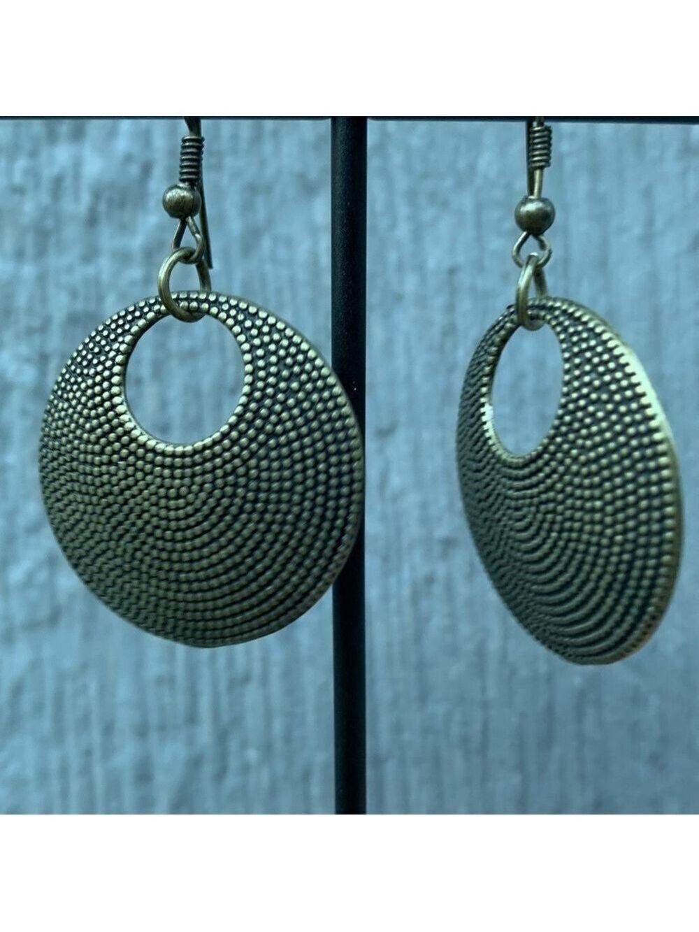 Boho round textured metal fishhook dangle drop earrings neutral
